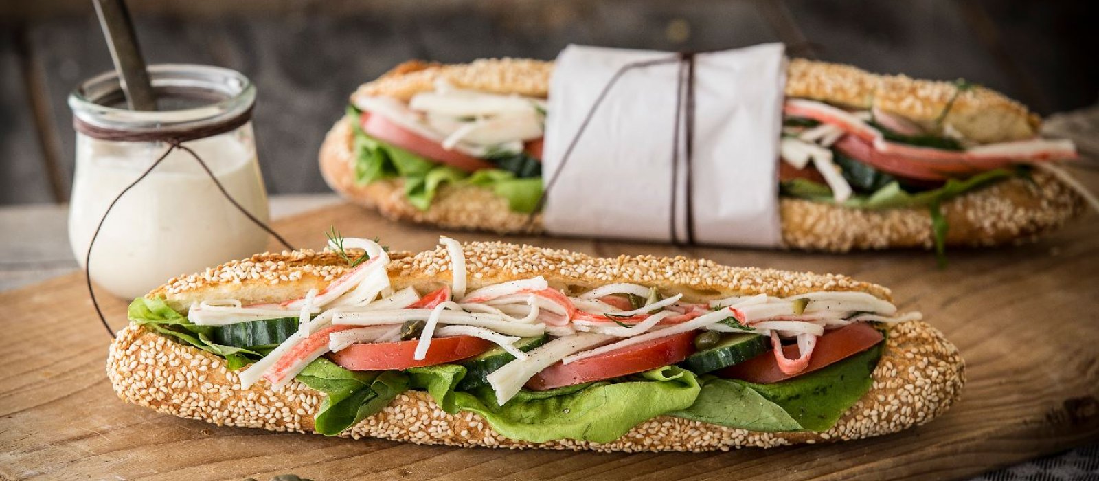 <span>Rustic Baguette with Crab meat in Taramosalata (Fish Row Spread)</span>
